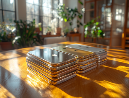 Stos telefonów marki Apple - iPhone 15, które czekają na wynajem